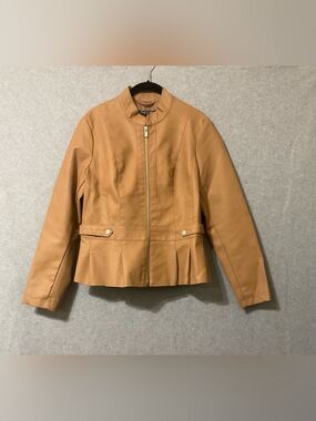 Baccini Women's Tan Faux Leather Peplum Jacket Sz PL